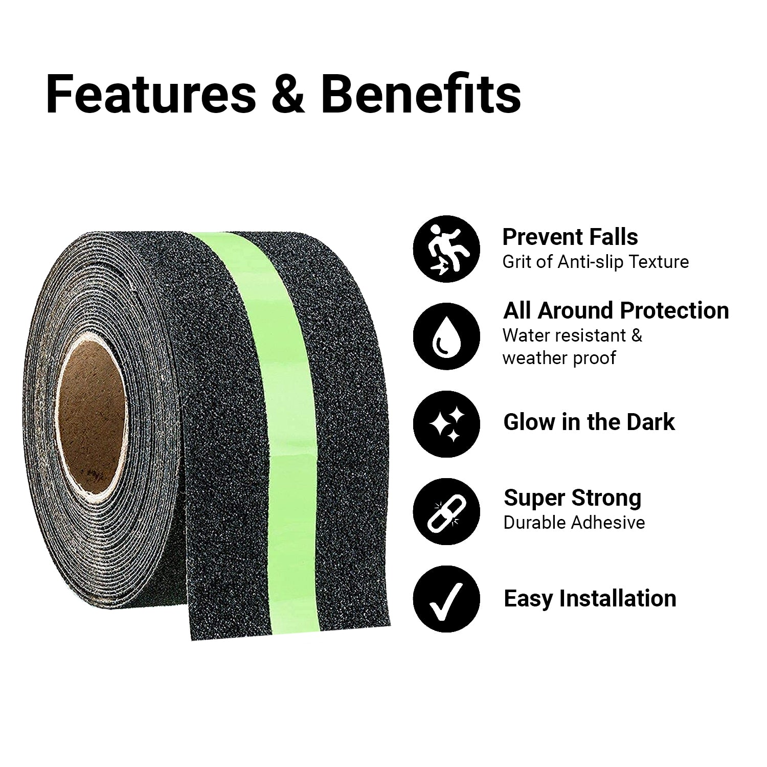TRENDIKRAFT 50mm x 5 meter Black & Glowing Green Night Glowing Anti Skid Anti Slip Grip Tape for Stairs Adhesive Tape for Slippery Floors Staircase Ramps Indoor Outdoor Use Keeps You Safe