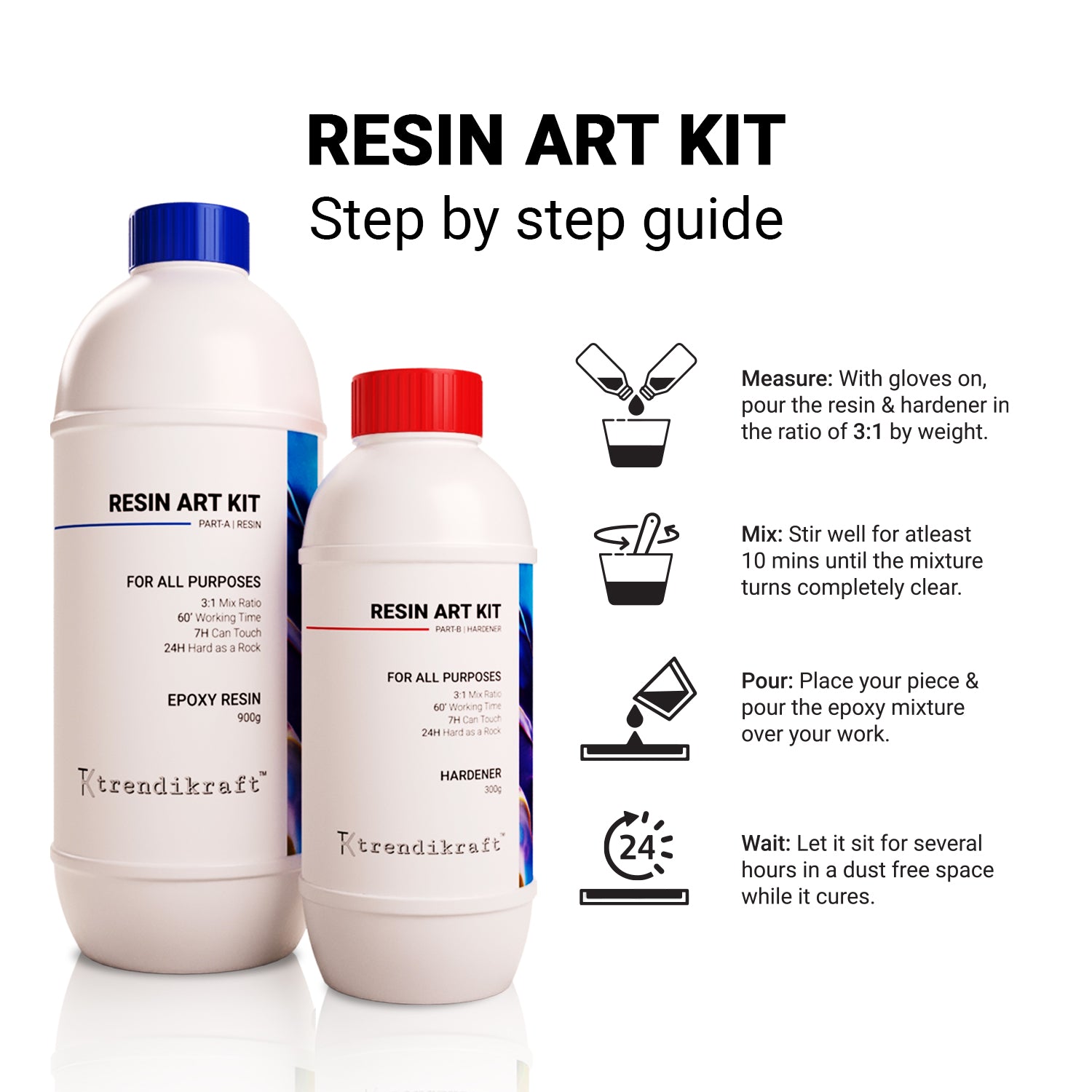 TRENDIKRAFT 3:1 1200G Crystal Clear Epoxy Resin Art Kit with Liquid Hardener