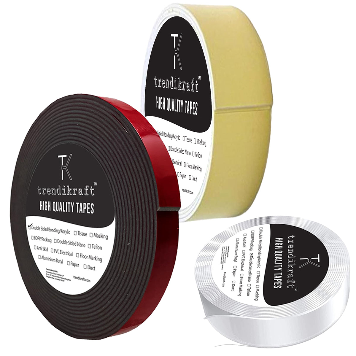 TRENDIKRAFT Pack of 3 Two Way Double Sided Tape Combo of Heavy Duty Acrylic Foam Tape For Car (5mtr), Transparent Nano Tape (3mtr) and Both Side Adhesive White Foam Tape (5mtr) For Wall Craft